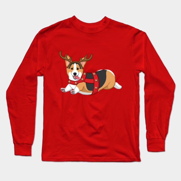 Cute Black & Tan Corgi in Christmas Reindeer Costume Long Sleeve T-Shirt by csforest